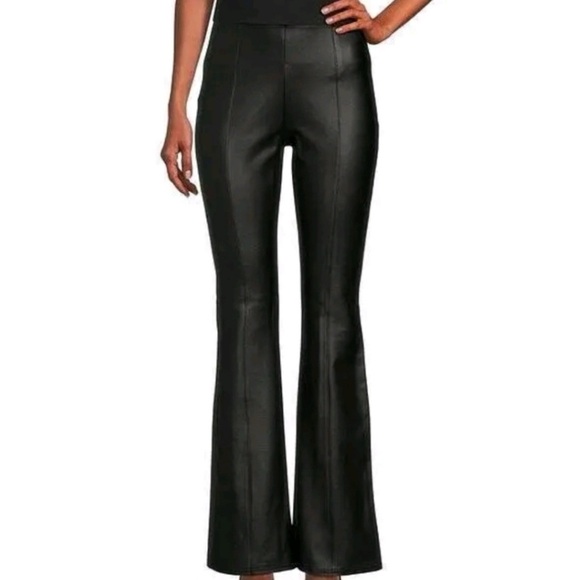 Slim Factor No Waist Coated Ponte Flare Pants Faux Leather Black SZ L New - Picture 1 of 6